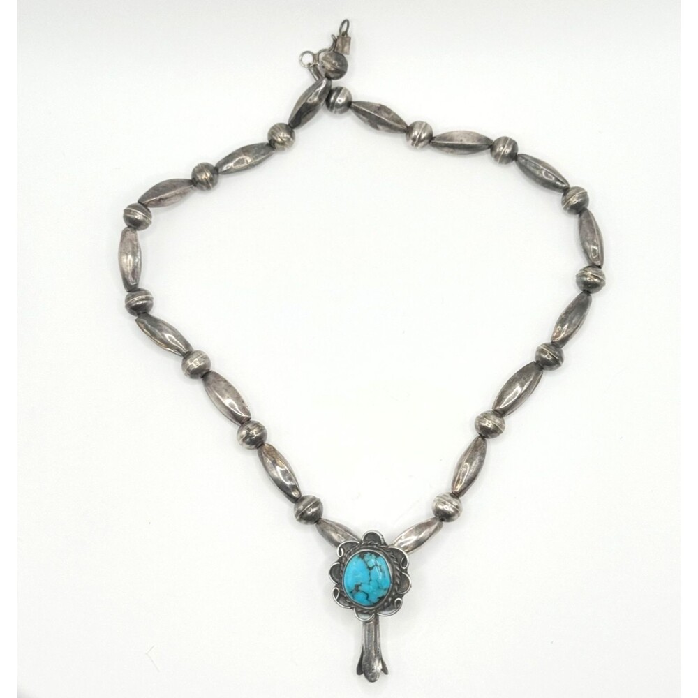 Vtg TURQUOISE Sterling Silver Bench Bead Squash Blossom Southwest Native Style